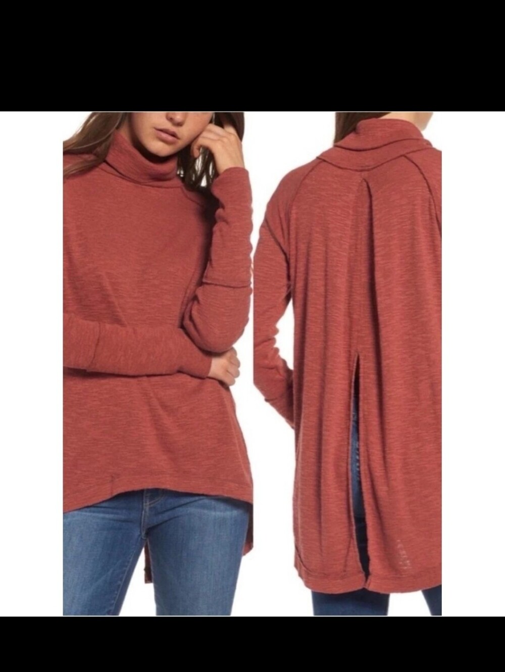 Free People Sienna Ribbed Turtleneck Long-Slit Sweater Rust Knit Size Large Fall